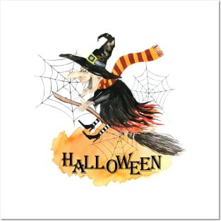 Halloween, watercolor witch, spider web Posters and Art